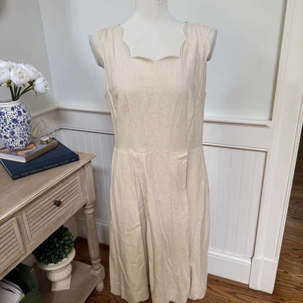 Sigrid Olsen Beige Linen Blend Scalloped Neckline Midi Dress Womens Size M